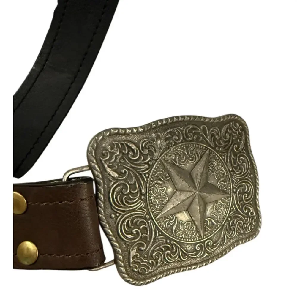 Men’s Western Brown Leather Belt Silver Texas Star Buckle Cowboy Rodeo Size 44